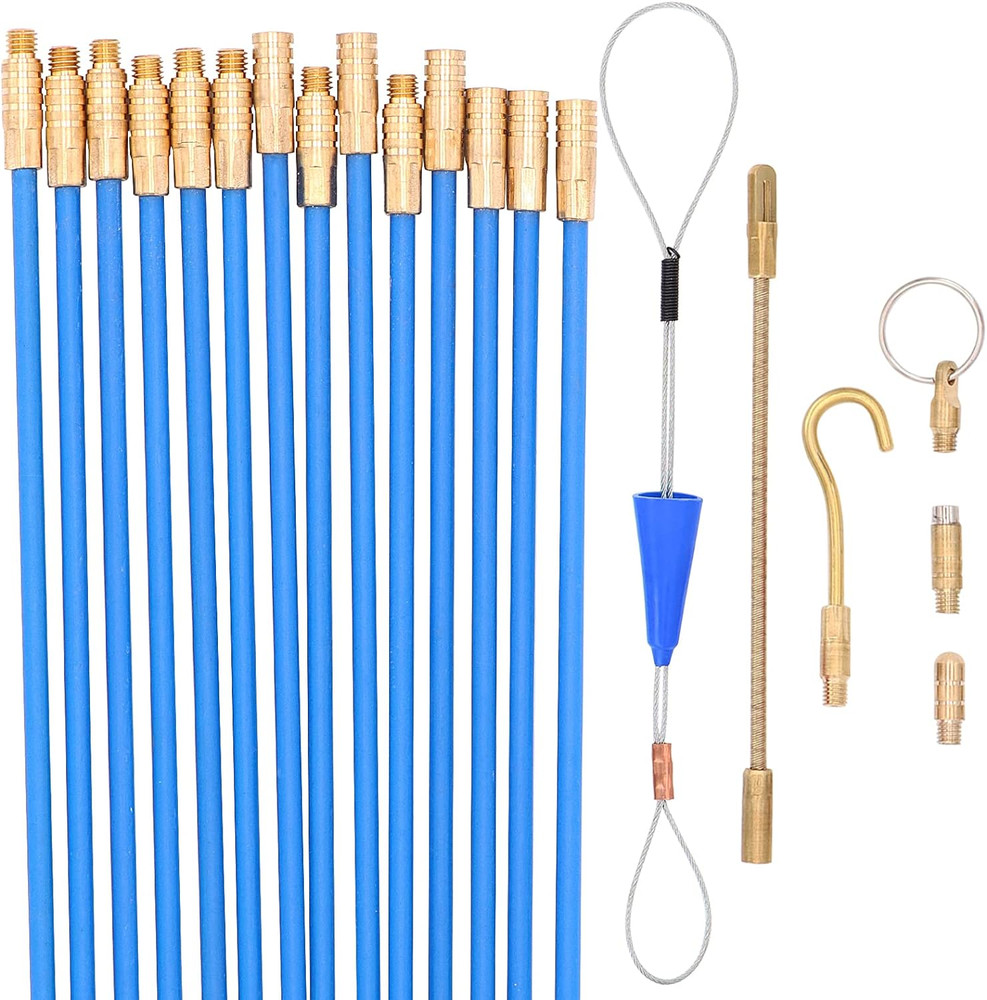 30 Ft Fiberglass Fish Tape Cable Rods Electrical Wire Running Push/Pull Kit with