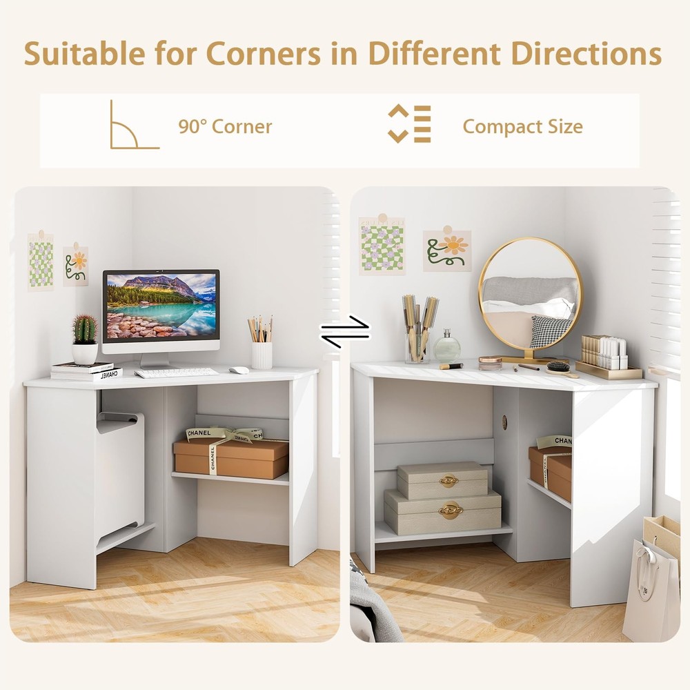 White Corner Desk - 90 Degrees Triangle for Computer, Small Space