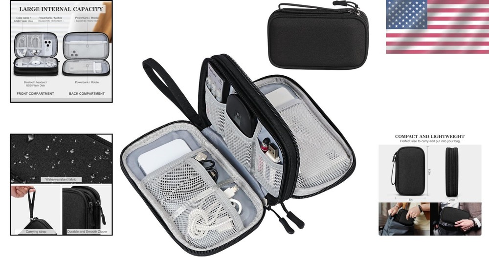 Medium Waterproof Travel Cable Organizer Bag - Double Layers for Electronics