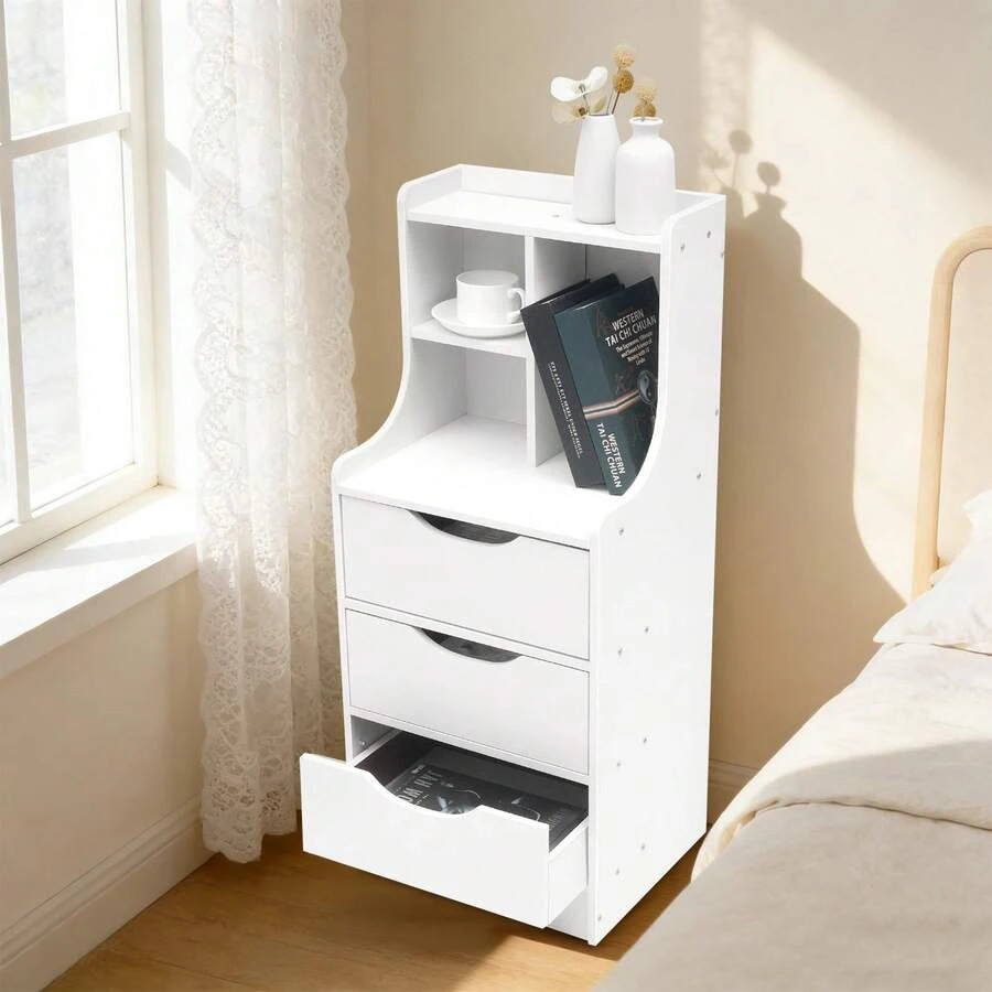 Modern White Bedside Table With 3 Drawers & Storage Shelf, Sturdy MDF Nightstand