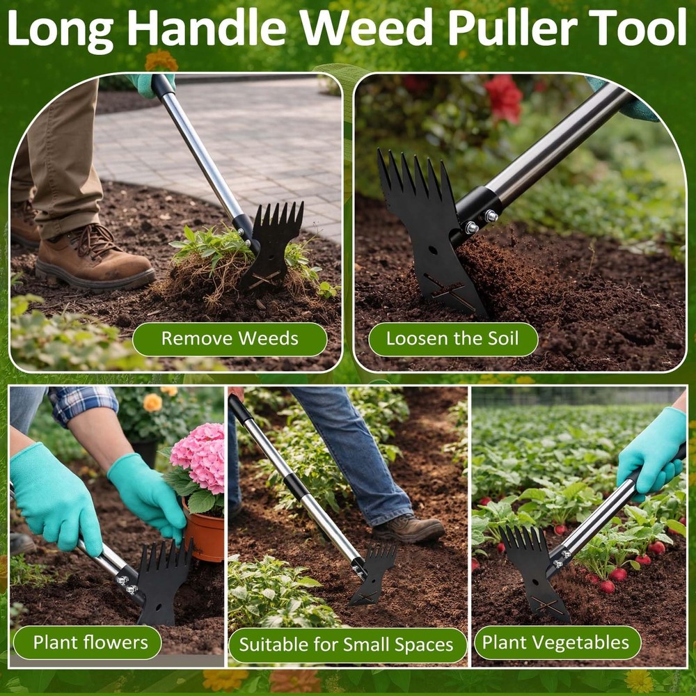 Weed Puller Tool with Long Handle-Vertical Adjustable Weeder, 2-in-1 Garden H...