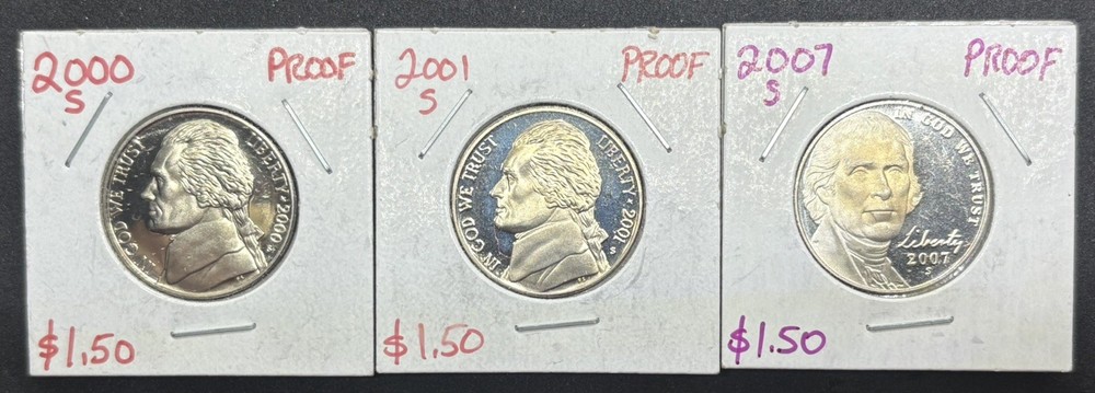 3 Different Proof Jefferson Nickels 2000 - 2007