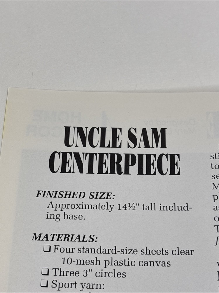 Uncle Sam Centerpiece Annie's Attic Plastic Canvas Pattern Page