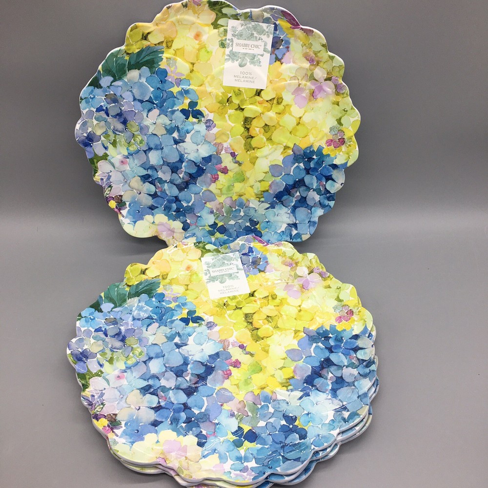 x4 Shabby Chic MELAMINE Dinner Plate Set Hydrangea Blue Green Easter Floral