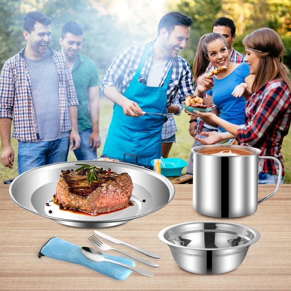 Outdoor Camping Mess Kit, Stainless Steel Tableware Mess Kit Includes Plate B...