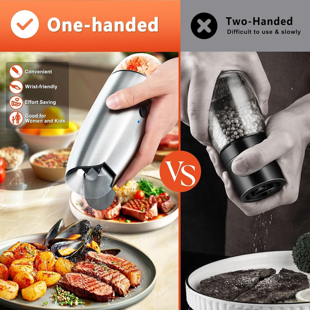 USB Rechargeable Electric Salt & Pepper Grinder Set w LED, Adjustable Coarse