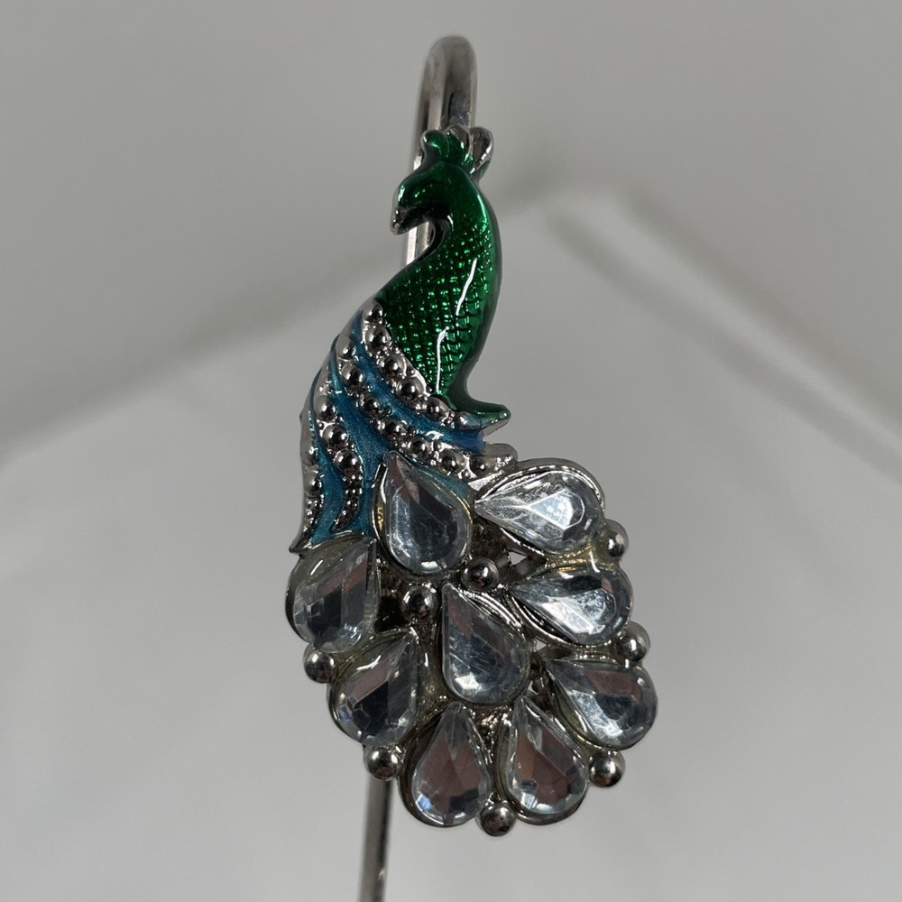 Green Enamel Lucite Rhinestone Peacock Bookmark Silver Tone Read Reading