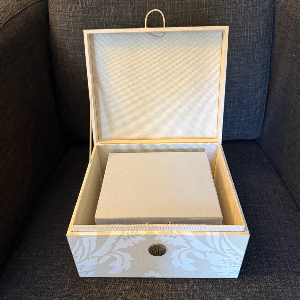 3 Pc Dennis Basso Home Nesting Decorative Storage Boxes Damask Fabric Cream Blue