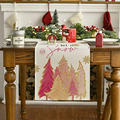 Christmas Tree Let It Snow Snowflake Table Table Runner, 13" x 108" Pink