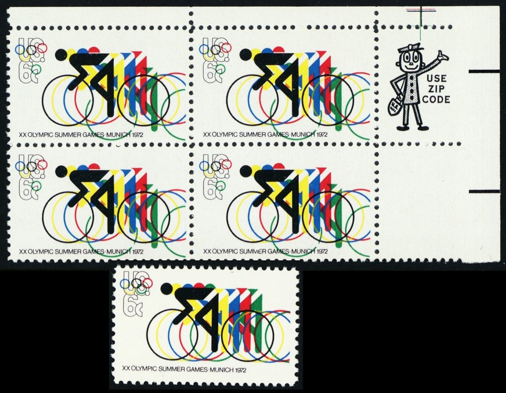 1460, Mint NH 6¢ - Very Dramatic Green Color Shift Error Zip Block - Stuart Katz
