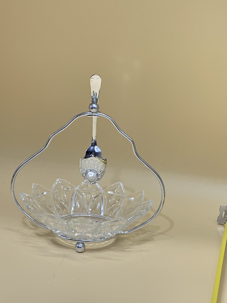 PRETTY GLASS GARNISH DISH WITH SPOON
