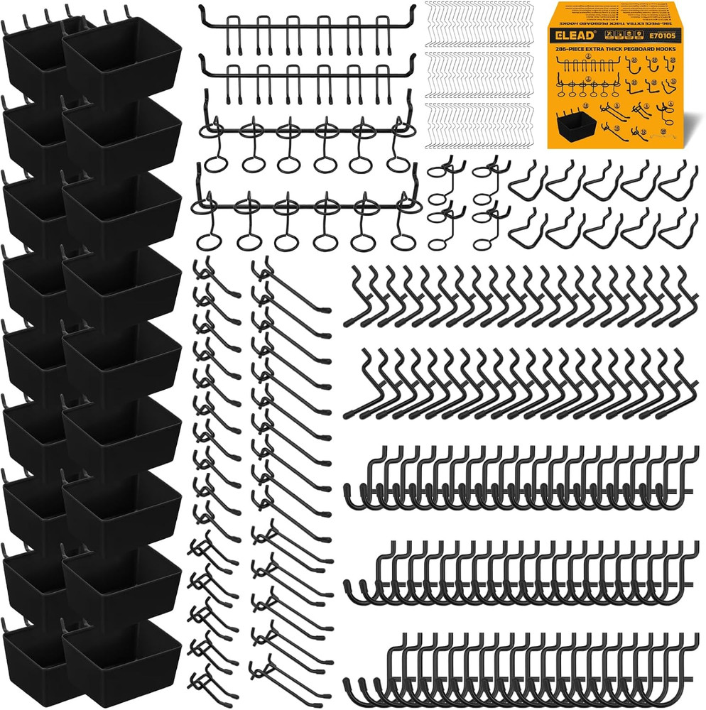 286-Piece Extra Thick Pegboard Hooks Set, 1/4" Heavy Duty Black Peg Board Org...