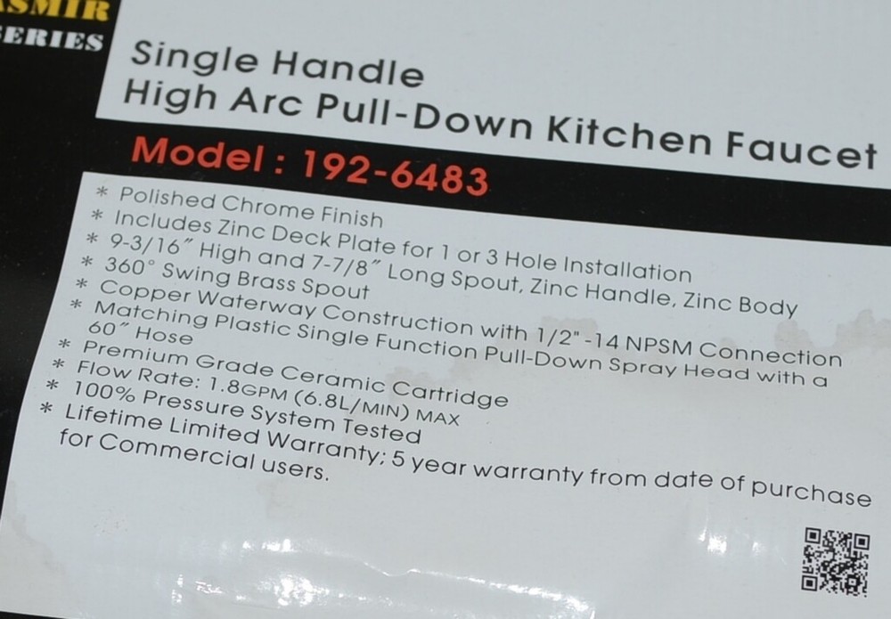 CMI Casmir 192 6483 Single Handle High Arc Pull Down Kitchen Faucet