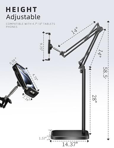 Tablet Floor Stand with 11lb Stable Base - Adjustable Height Stretchable Arm