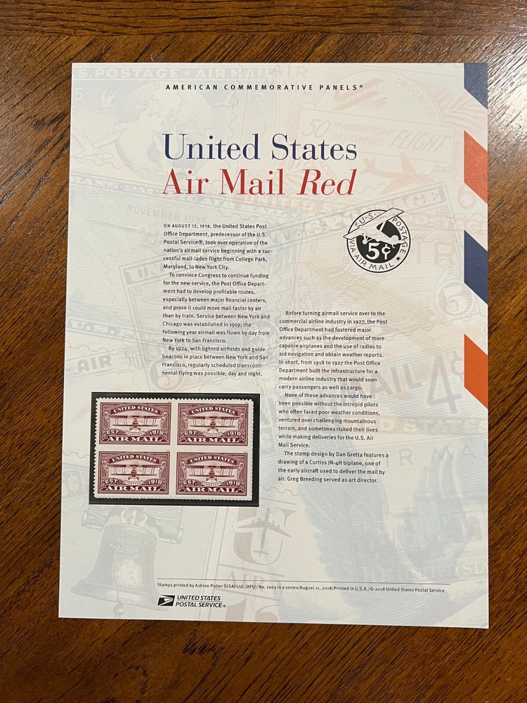 USPS Mint Commemorative Stamp Panel #1005, Forever 2018 - Airmail Red (#5282)