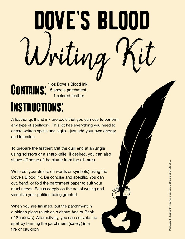 Dove's Blood Spell Writing Kit w/ Parchment, Ink, and Feather