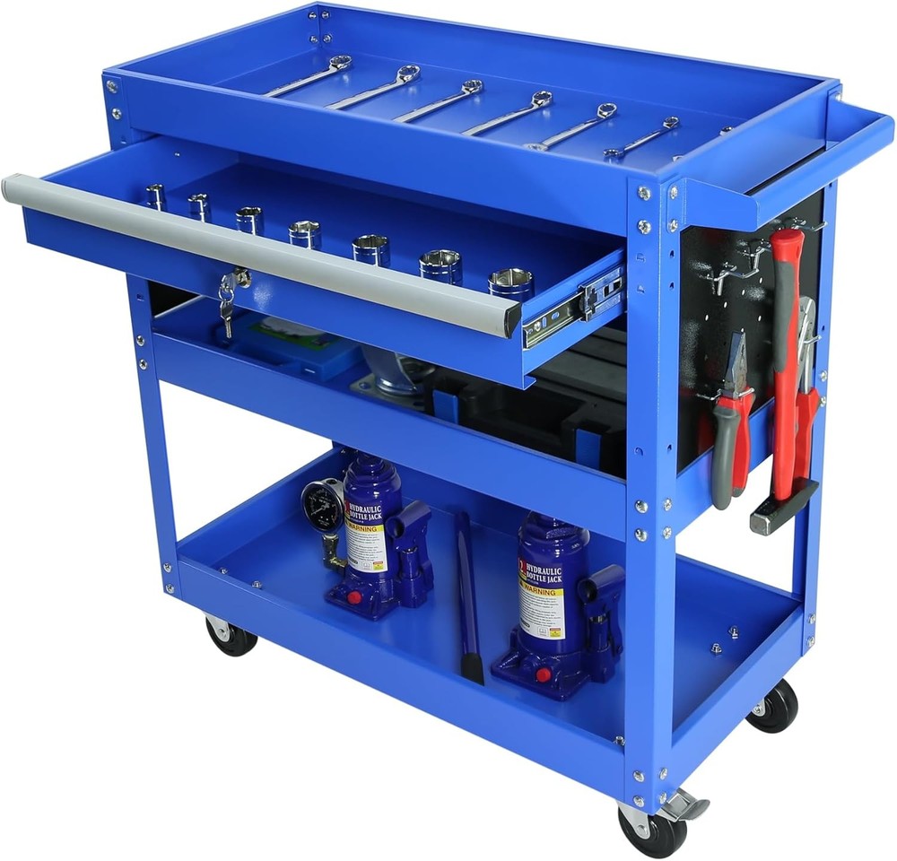 Tool Chest with Wheels, 3-Tier Rolling Tool Box with 1 Drawer & Hooks, Heavy Dut