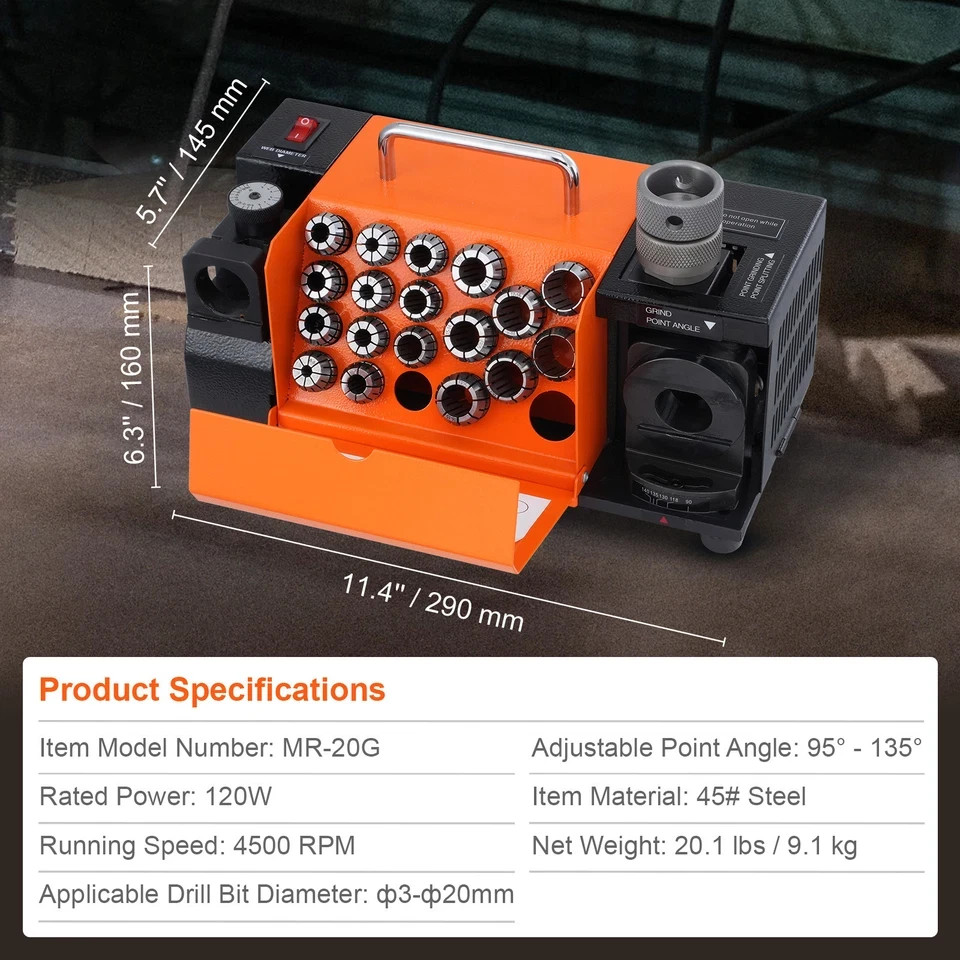 MR-20G Drill Bits Sharpener 3-20mm Bits Grinder Sharpener & 18 Collets