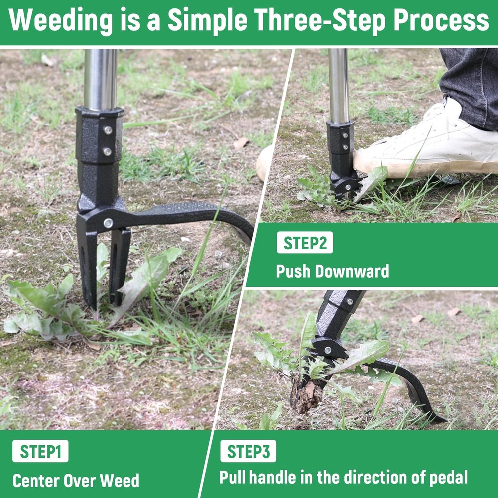 GOXAWEE Weed Puller Tool, 4-Claw Stand Up Weeder with Adjustable 46” Silver