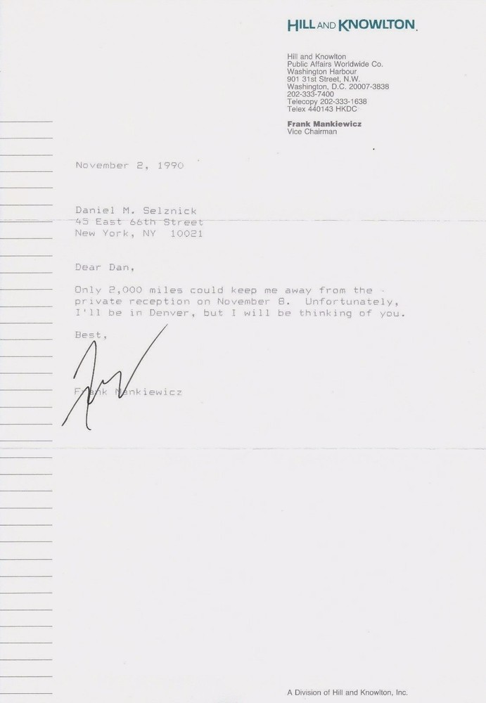 Frank Menkiewicz Signed Typed Letter/Note Hill & Knowlton Stationery W/Envelope