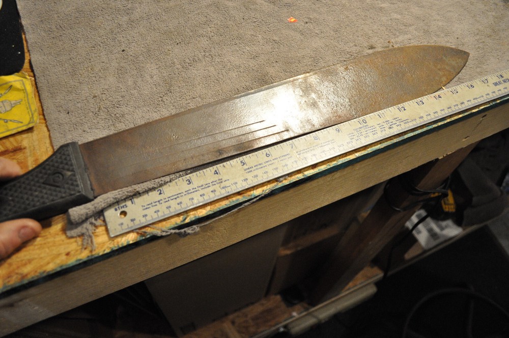 17 Inch Machete with unusual hard plastic Handle, pointed tip , used see pics