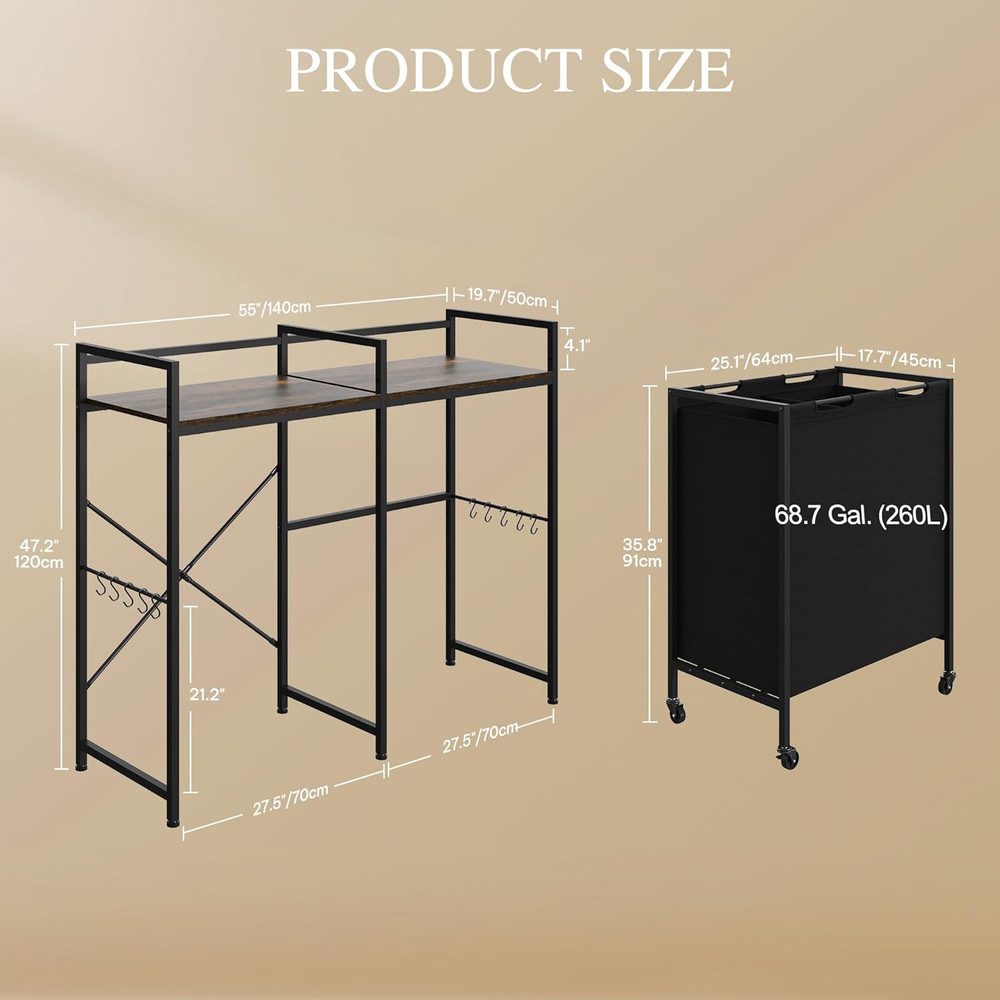 Rolling Laundry Cart with Shelves & Hooks - Over Washer Storage Solution 55"H