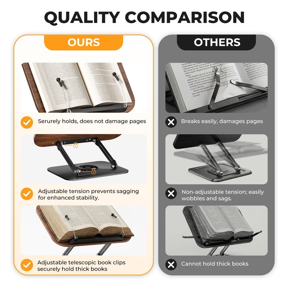 Book Stand for Reading, Adjustable Book Holder with 360° Rotating Bases, Fold...