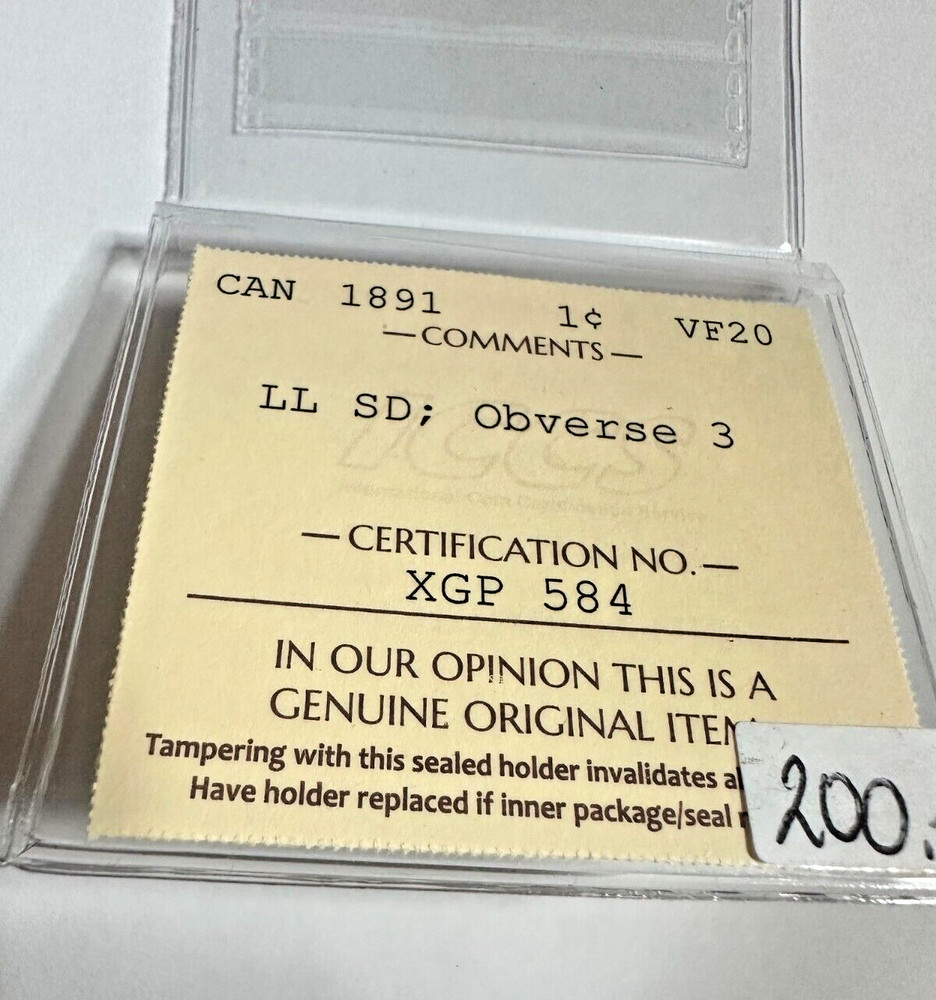Canada 1891 1 Cent VF20 LL SD; Obverse 3 ICCS Certified