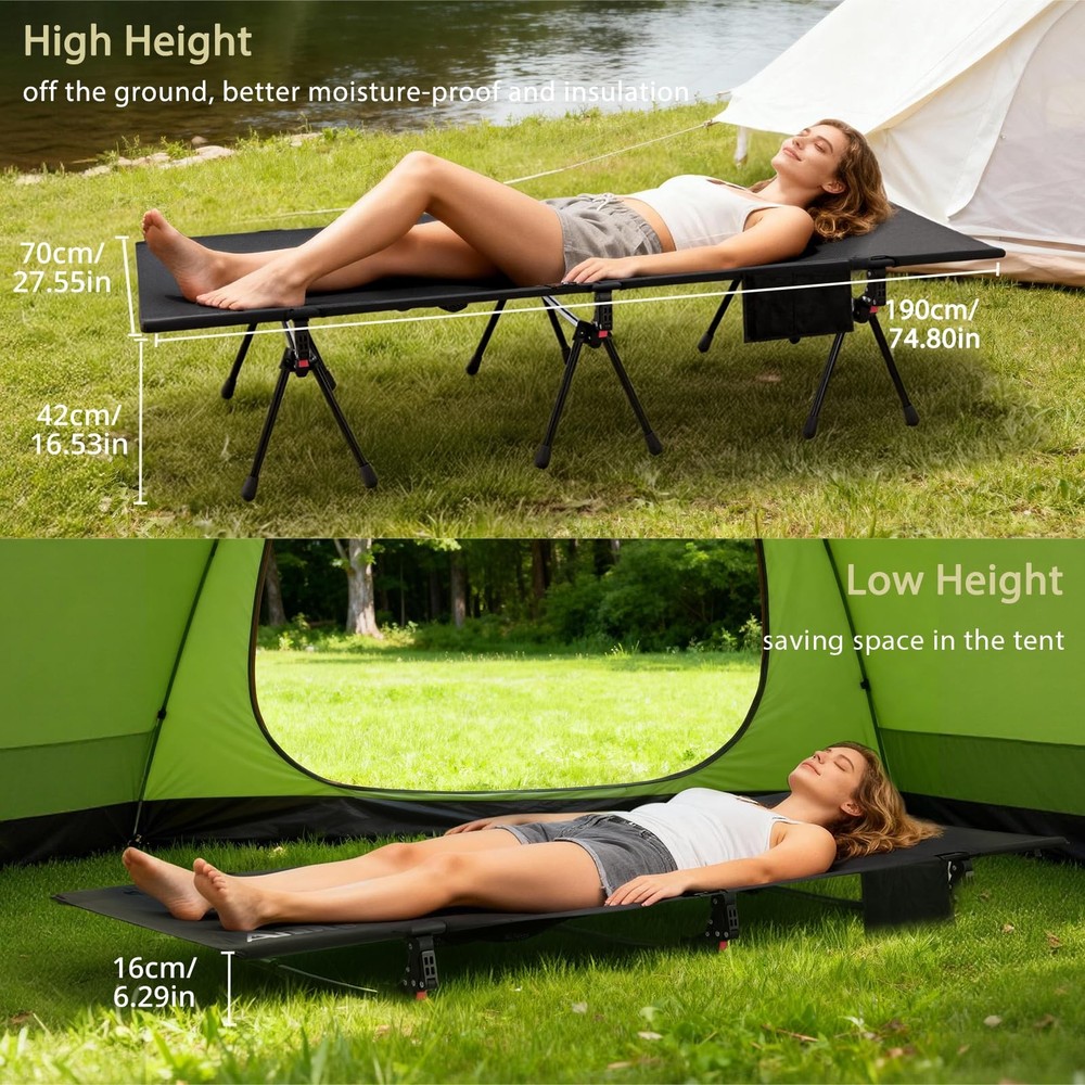 Height Adjustable Camping Cot with Storage Net & Bag, Support up to 400lbs Co...
