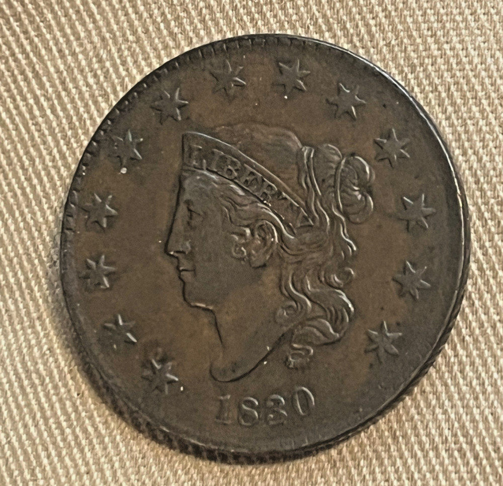 1830 Coronet head cent , Large letters, better date, EF / AU
