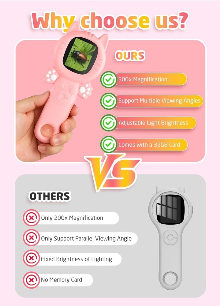 2-in-1 Microscope Camera for Kids, Mini Handheld Microscope Supporting (Pink)