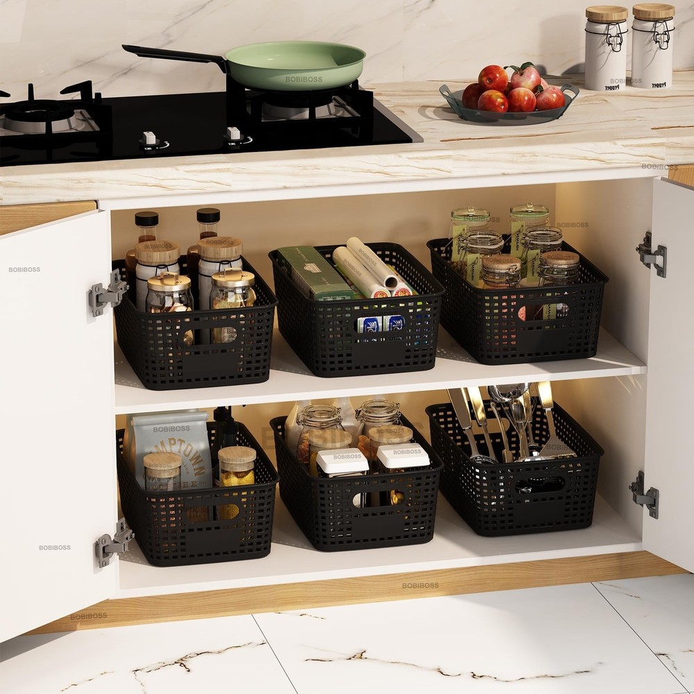 Black Plastic Storage Baskets with Lids 12 Pack Stackable Storage Bins Contai...