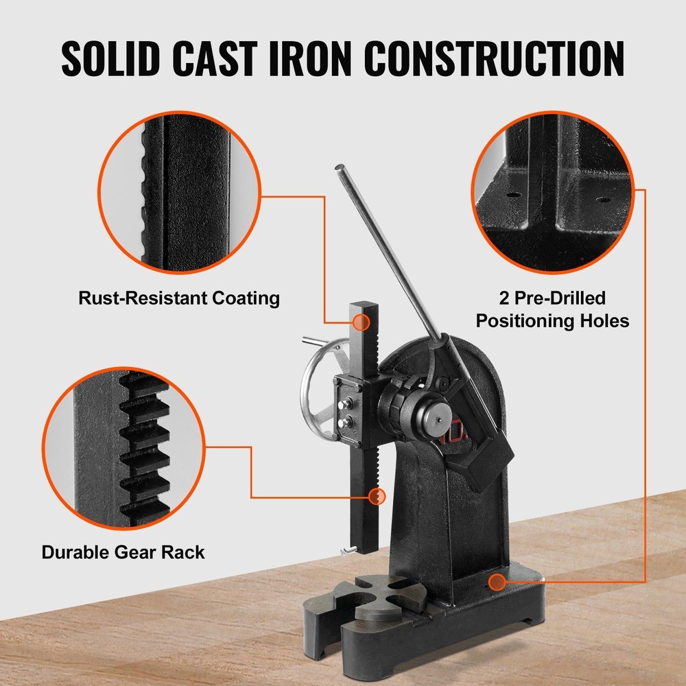 Arbor Press 3 Ton, Cast Iron, Ratchet Leverage, Handwheel Adjust, 12.2"