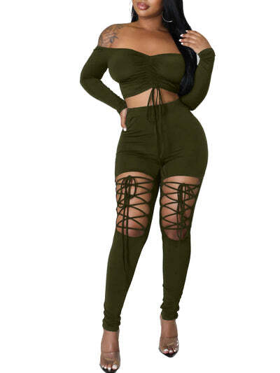 Off the Shoulders Ruched Set Green