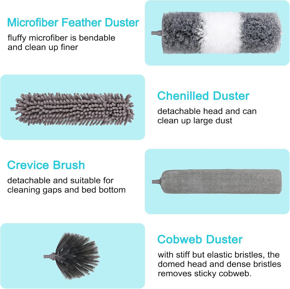 12pc Extendable Duster Kit 100in Pole with Microfiber Cobweb & Crevice Brushes