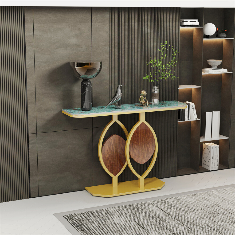 Modern Console Table Sintered Stone entry Table with Geometric/Leaf Golden Base