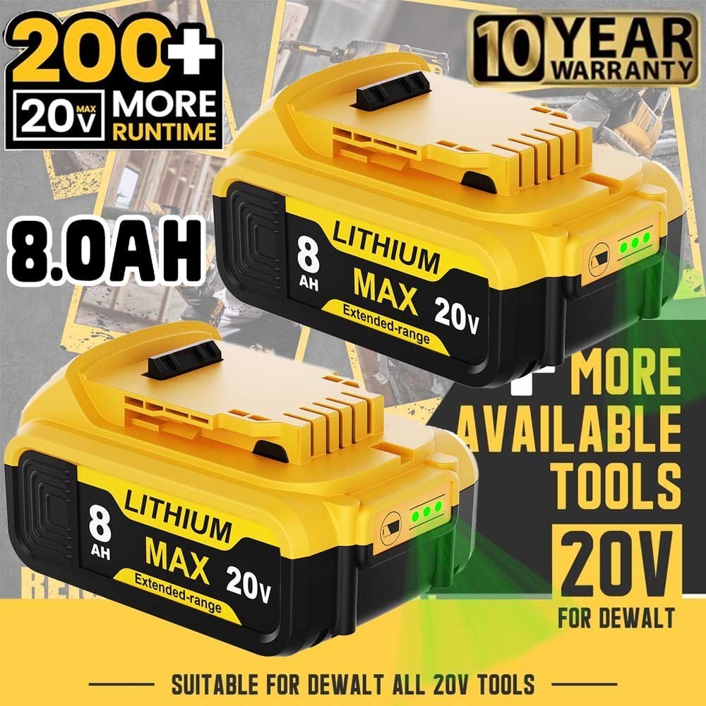 2PC 8.0Ah Battery Replace for Dewalt 20V DCB208 DCB206 Drill Tools LED Indicator