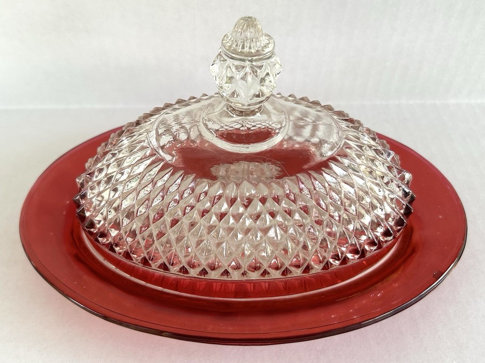 Indiana Glass Diamond Point Ruby Flash Butter Dish With Lid