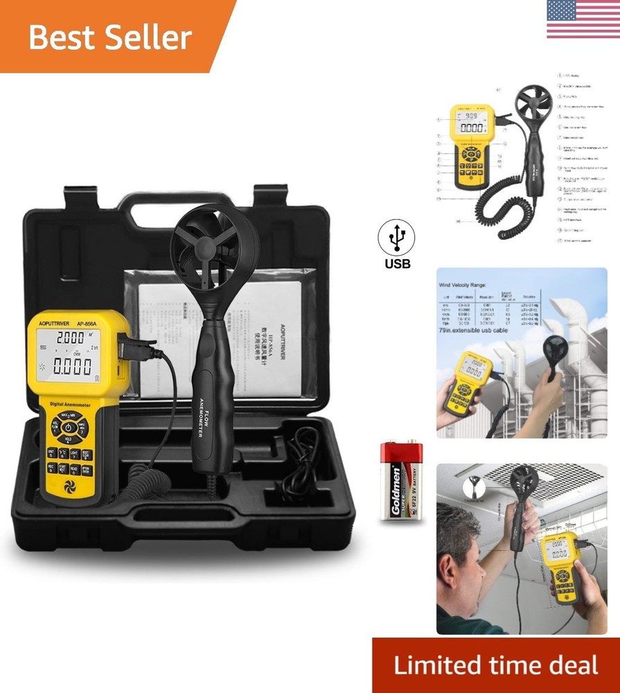 High Precision HVAC Anemometer - Handheld Wind Speed Meter with USB Connectivity