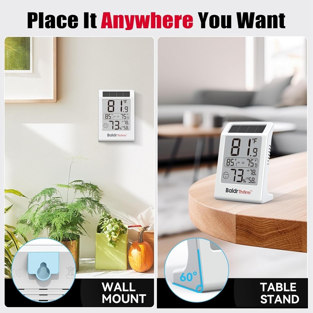 Solar-Powered 3.2'' Digital Thermometer with Max/Min Readings - 1 Support