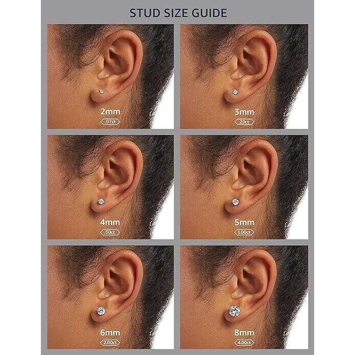 Real Solid 925 Silver 4mm Moissanite Stud Earrings Push Back Crown Men's