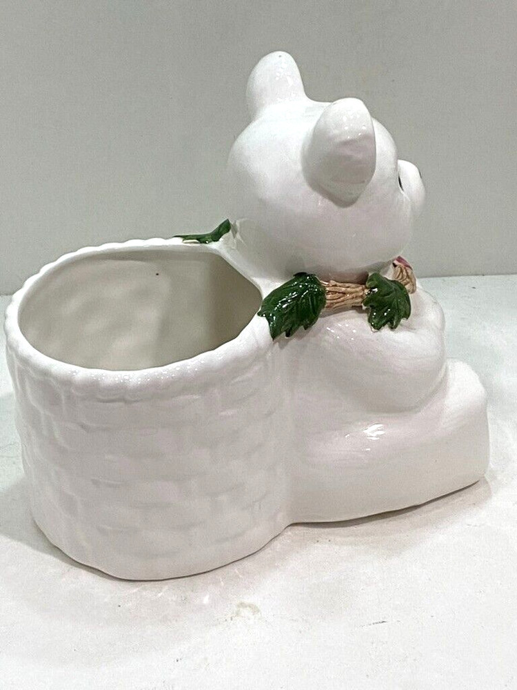White Ceramic Teddy Bear Woven Basket Planter
