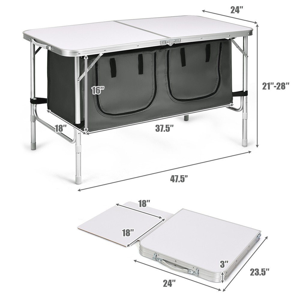 Folding Camping Table Aluminum Height Adjustable w/ Storage Organizer Grey