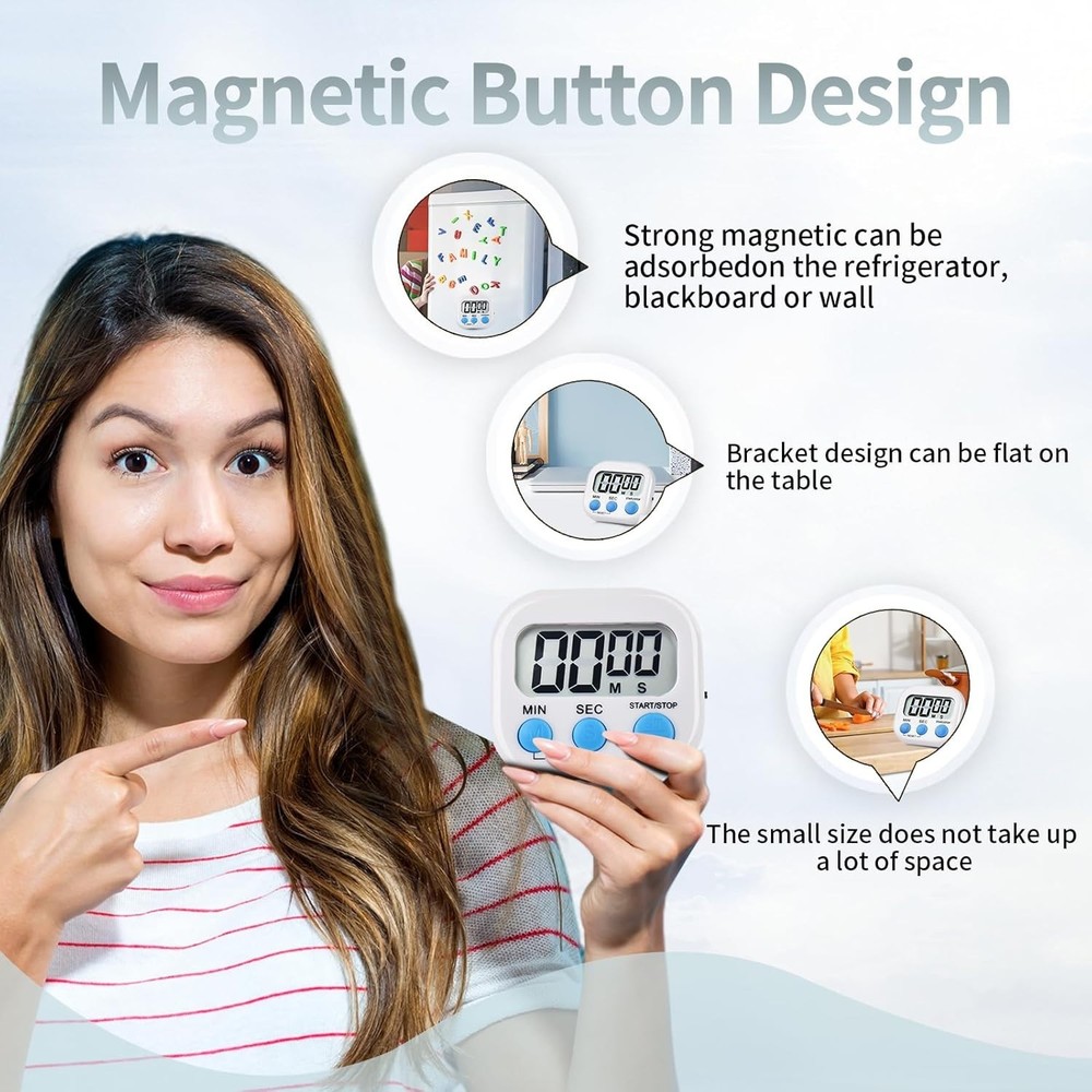 4 Pack White Digital Kitchen Timer Magnetic Digital Timer with Big Display Lo...