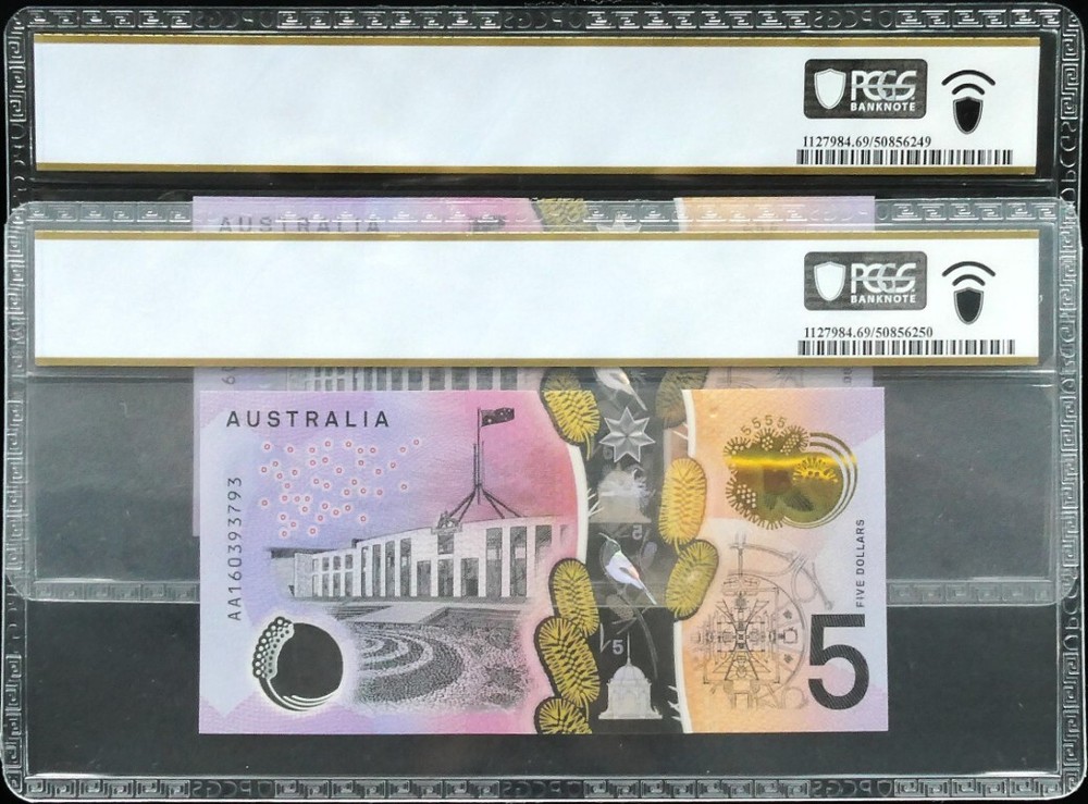 Consecutive Pair 2016 First Prefix AA16 $5 Banknotes PCGS SUP GEM UNC 69 PPQ ...