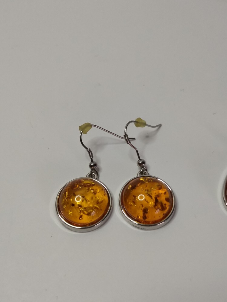 Amber Stone Silver Dangle Earrings & Necklace Set Statement Boho Western