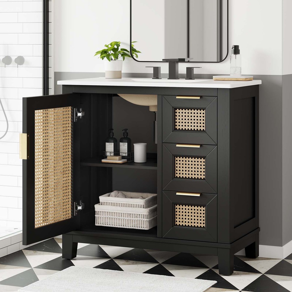 Modway Dixie 36” Solid Wood Bathroom Vanity Cabinet in Black White