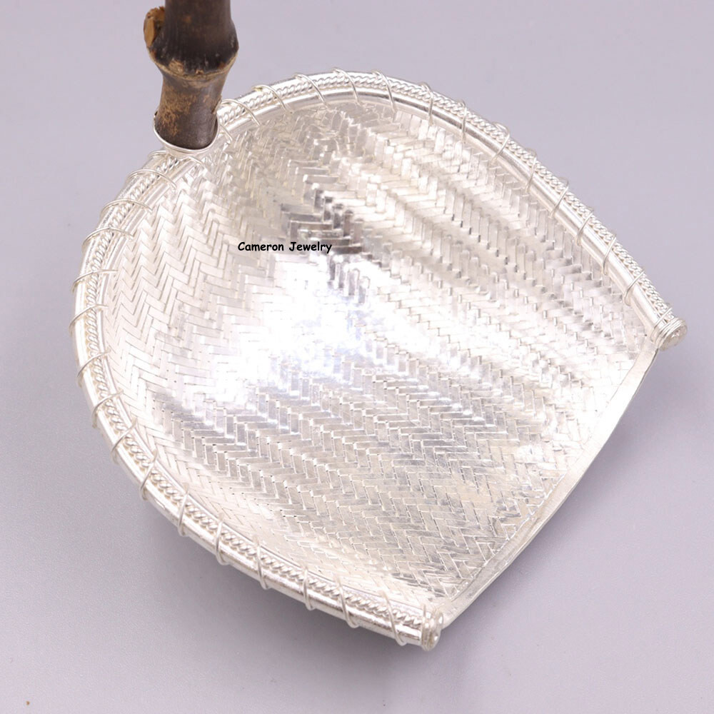Solid S999 Fine Silver Tea Infuser Bamboo Handle Braided Tea Strainer 3.8in