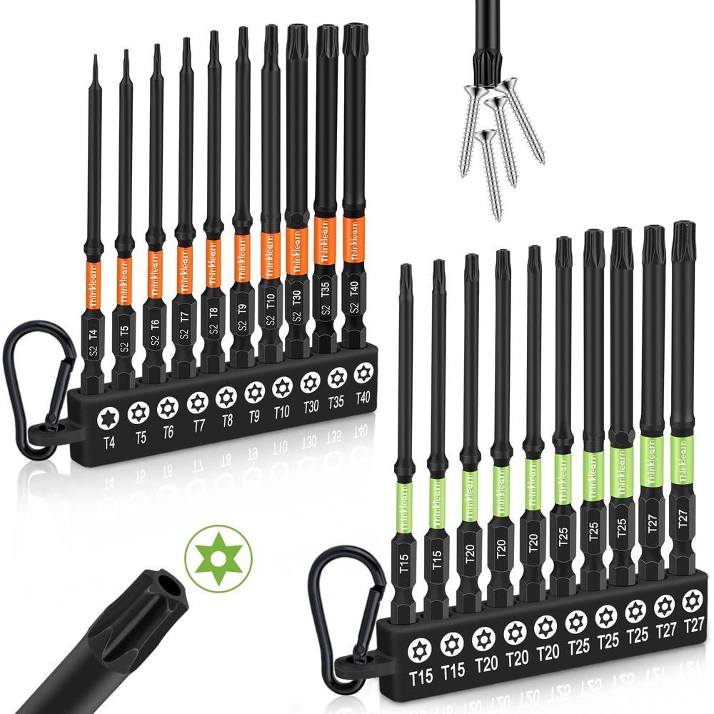 THINKLEARN Impact Torx Bit Set, 20 PCS 4" Security Bits, Orange+green