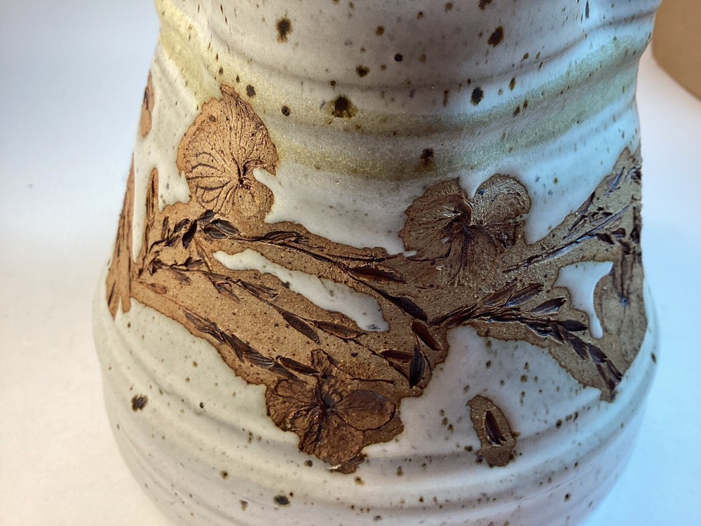 Hand Thrown Pottery 36 oz. Pitcher, Etched Design, Signed Baber